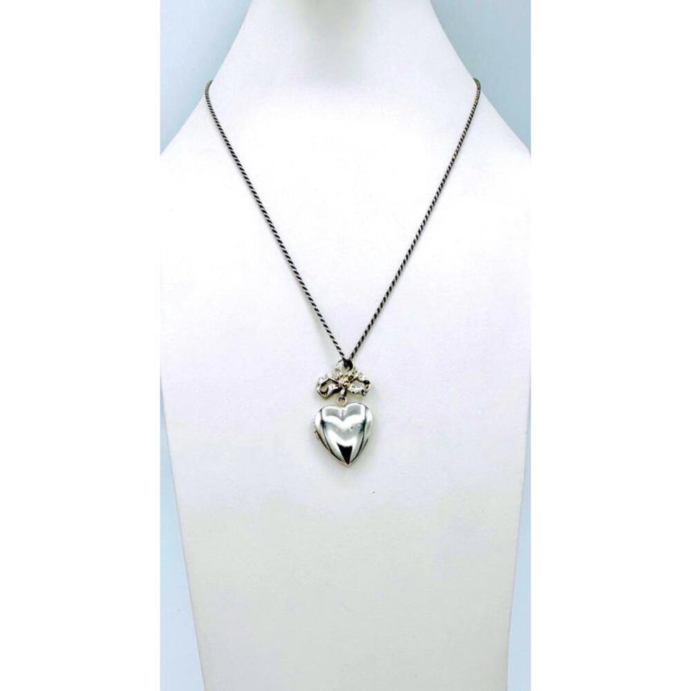 Vintage Mother's sterling silver bow and heart locket pendant necklace